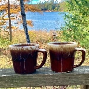 2 Cups McCOY KATHY KALE Brown Drip Glaze Retro Vintage Cream White Coffee Mug
